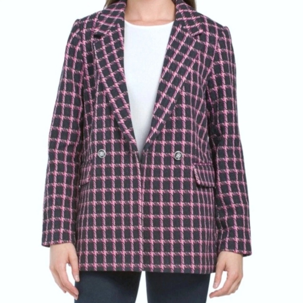 NWT Rachel Zoe Black & Pink Plaid Double Breasted Blazer - M